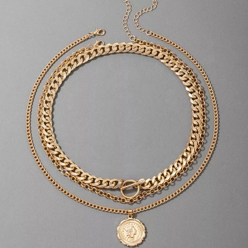 Gold-Plated Gold Toned Multi Layer Coin Layered Necklace Pack of 3 For Women