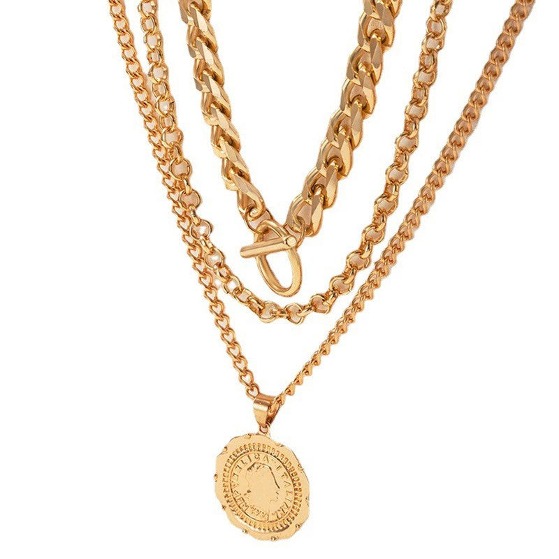 Gold-Plated Gold Toned Multi Layer Coin Layered Necklace Pack of 3 For Women