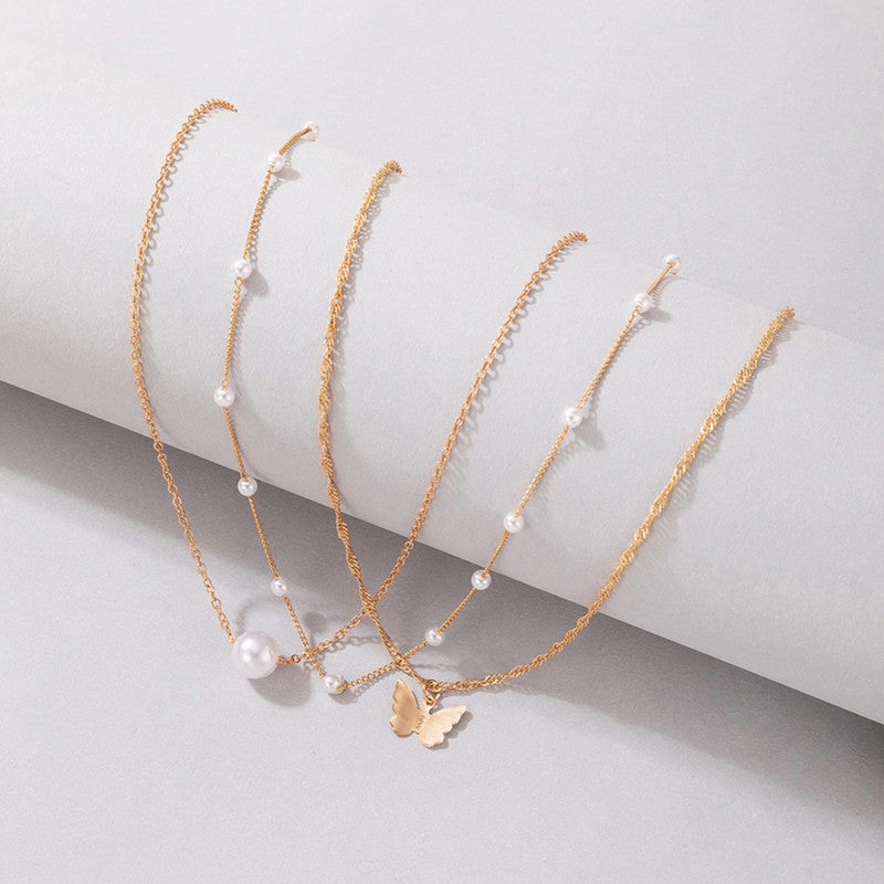 White Gold-Plated Multi Layer Pearl-Butterfly Layered Necklace Pack of 3 For Women