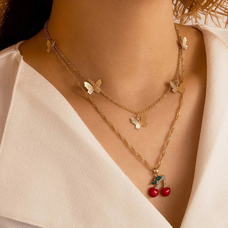 Gold-Toned Cherries with Butterflies Necklace For Women