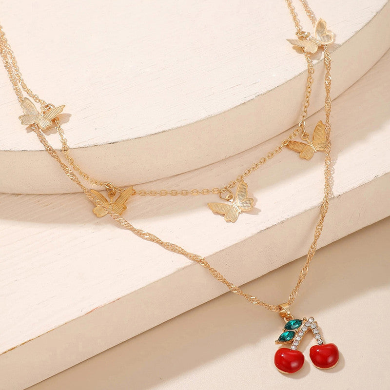 Gold-Toned Cherries with Butterflies Necklace For Women