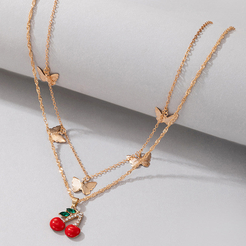 Gold-Toned Cherries with Butterflies Necklace For Women