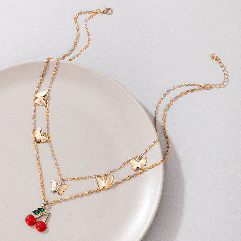 Gold-Toned Cherries with Butterflies Necklace For Women