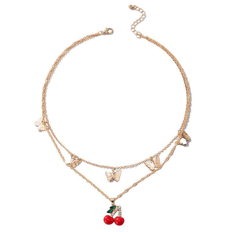 Gold-Toned Cherries with Butterflies Necklace For Women