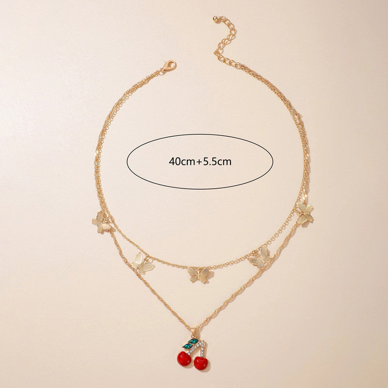 Gold-Toned Cherries with Butterflies Necklace For Women