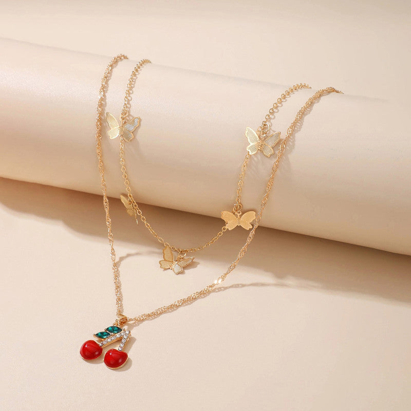 Gold-Toned Cherries with Butterflies Necklace For Women