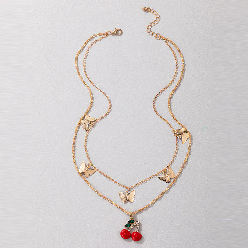 Gold-Toned Cherries with Butterflies Necklace For Women