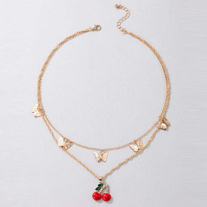 Gold-Toned Cherries with Butterflies Necklace For Women