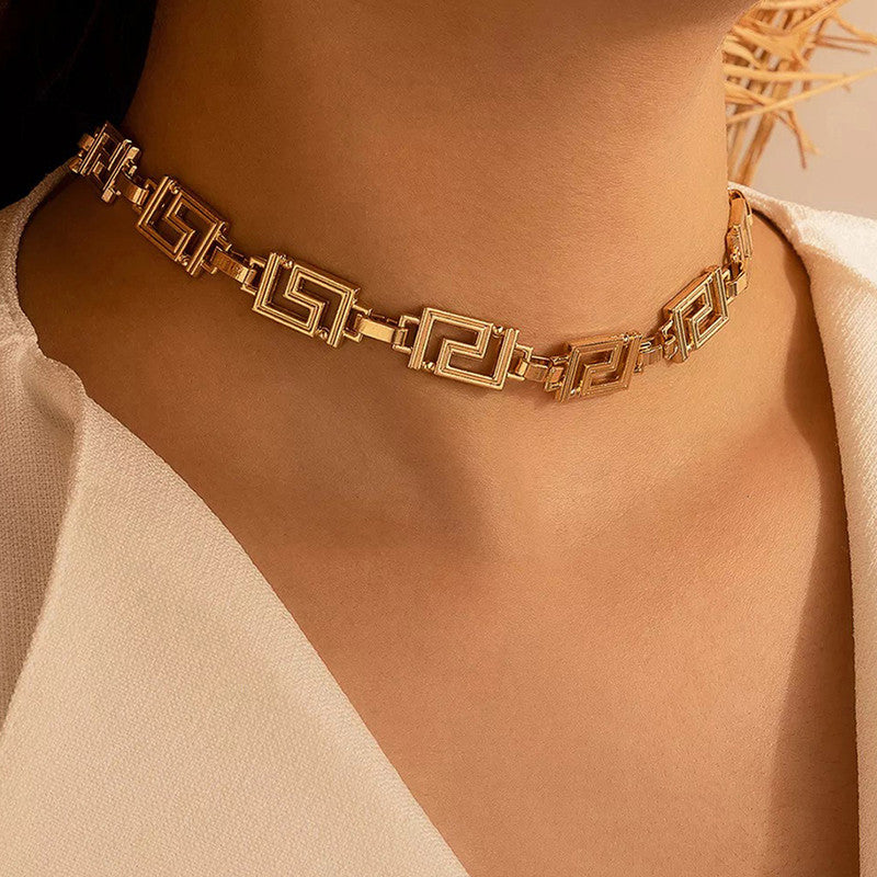 Gold Plated Gold Toned Geometric Choker Necklace For Women