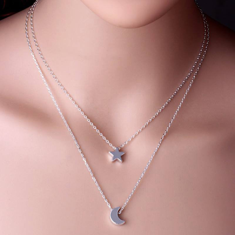 Silver Plated Moon-Star Necklace For Women