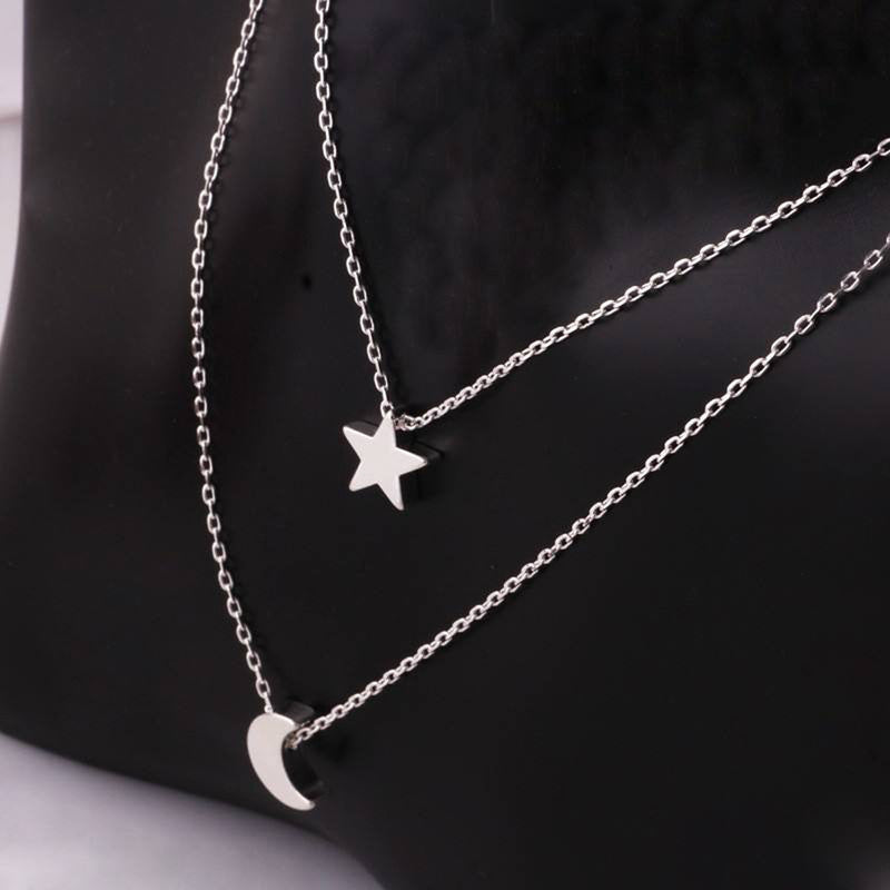 Silver Plated Moon-Star Necklace For Women