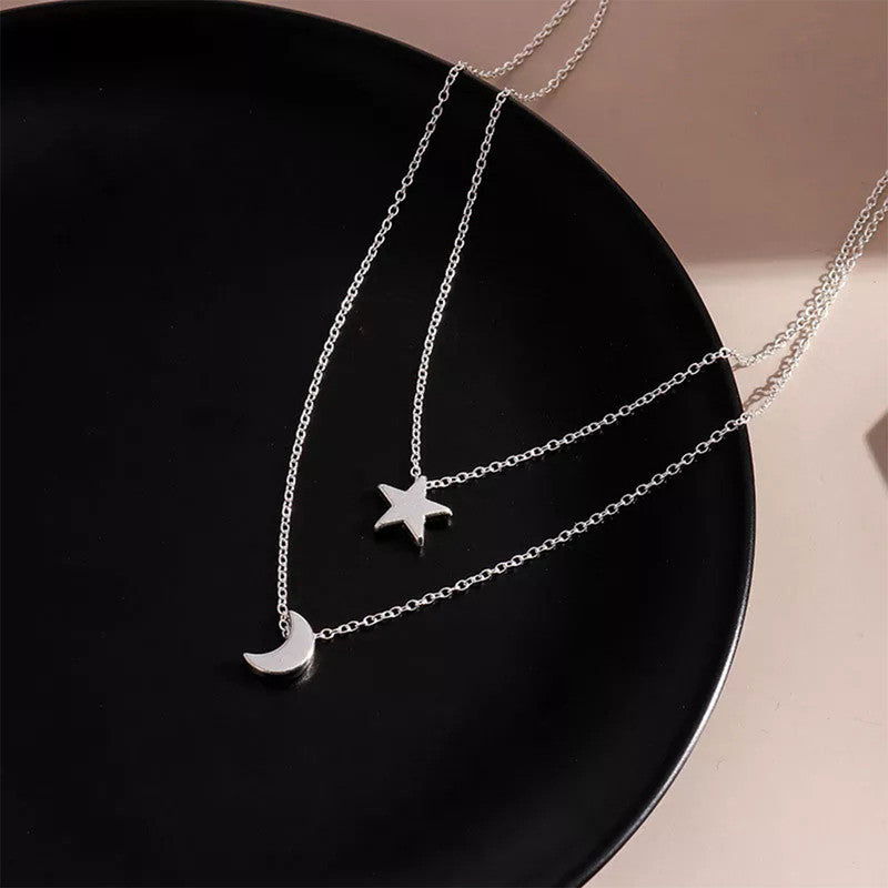 Silver Plated Moon-Star Necklace For Women