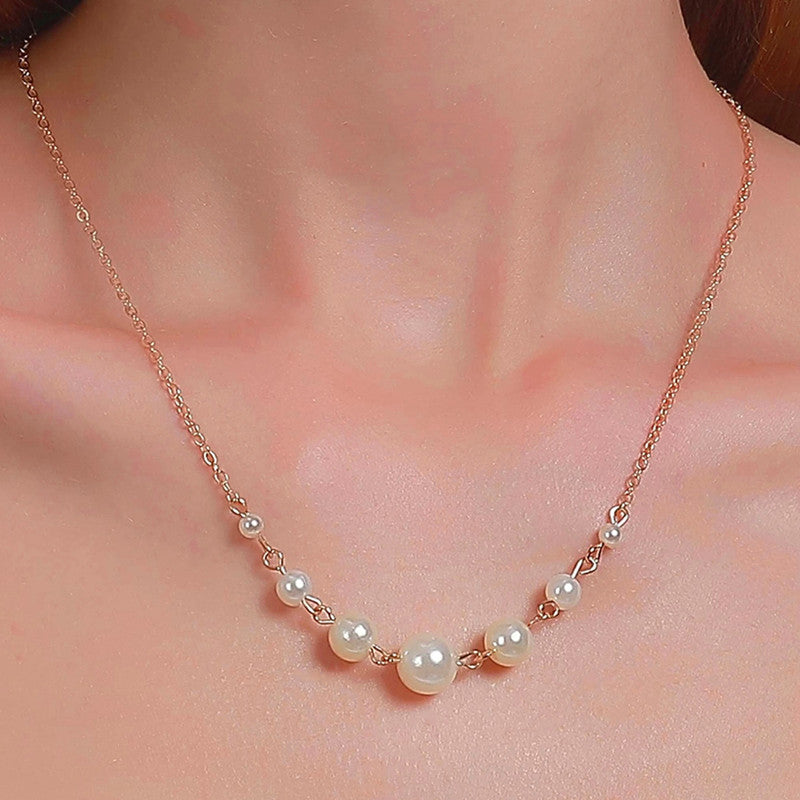 White Gold Plated Gold Toned Pearl Studded Contemporary Necklace For Women