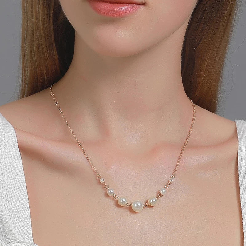 White Gold Plated Gold Toned Pearl Studded Contemporary Necklace For Women