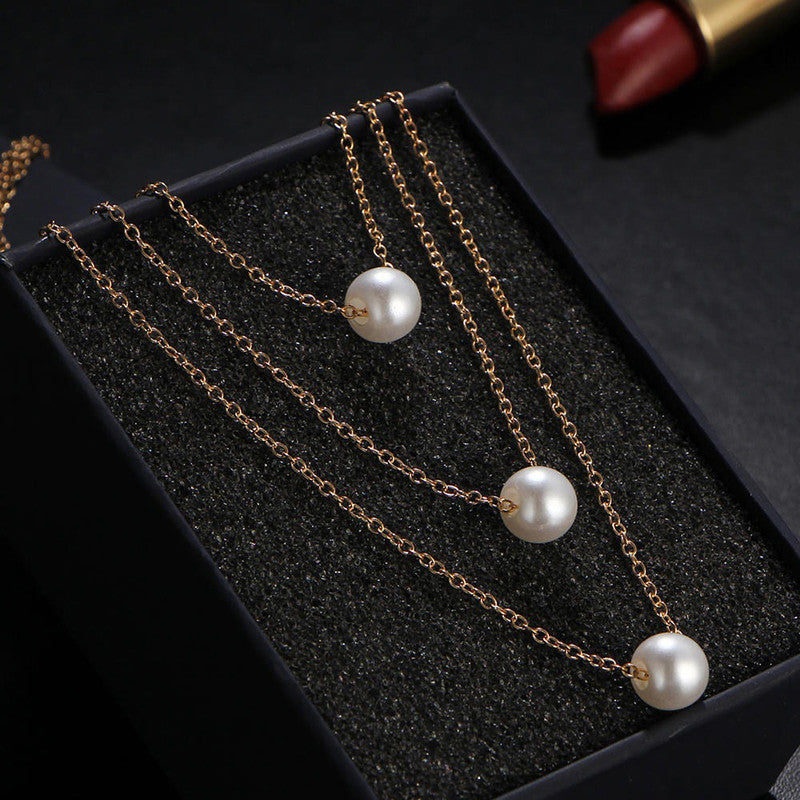 White Gold Plated Pearl Studded Layered Necklace For Women