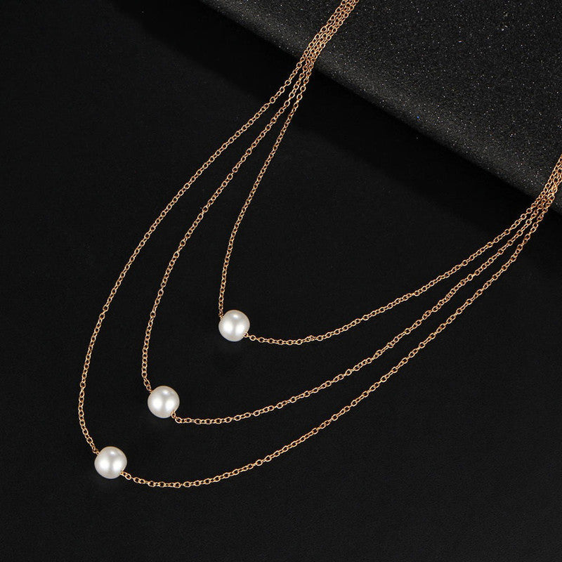 White Gold Plated Pearl Studded Layered Necklace For Women