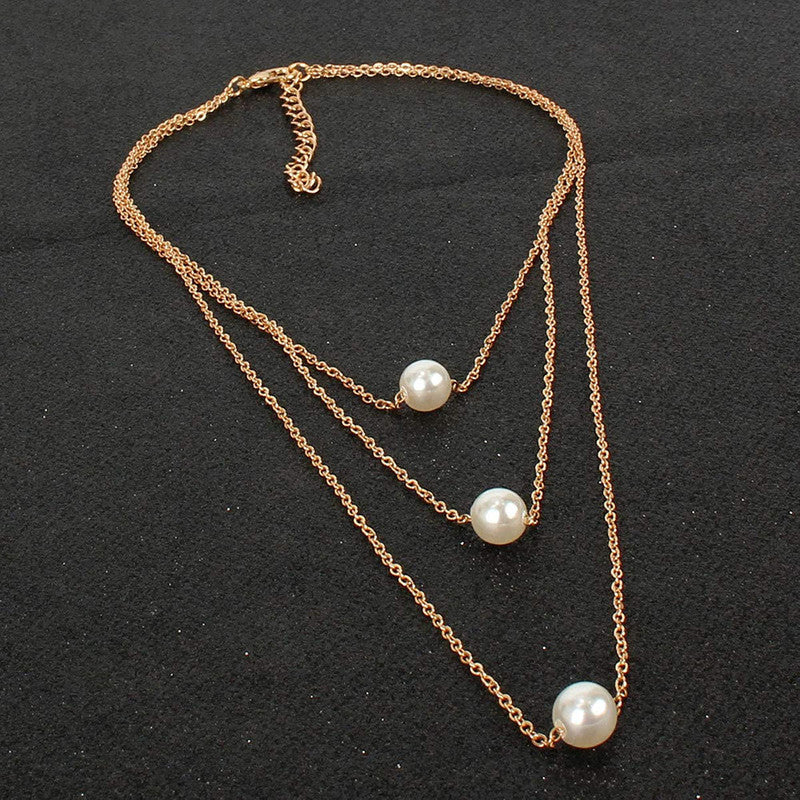 White Gold Plated Pearl Studded Layered Necklace For Women