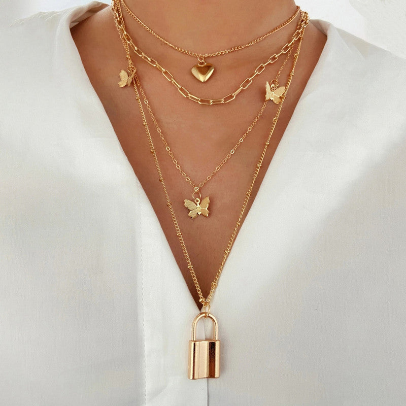 Gold Plated Gold-Toned Heart-Butterfly Layered Necklace For Women - MySmartBazaar