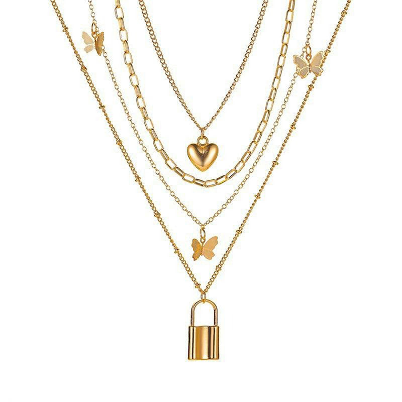 Gold Plated Gold-Toned Heart-Butterfly Layered Necklace For Women