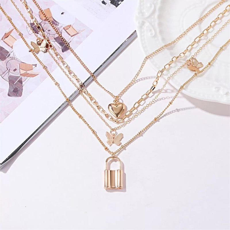 Gold Plated Gold-Toned Heart-Butterfly Layered Necklace For Women