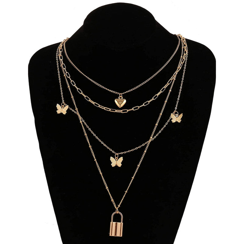 Gold Plated Gold-Toned Heart-Butterfly Layered Necklace For Women