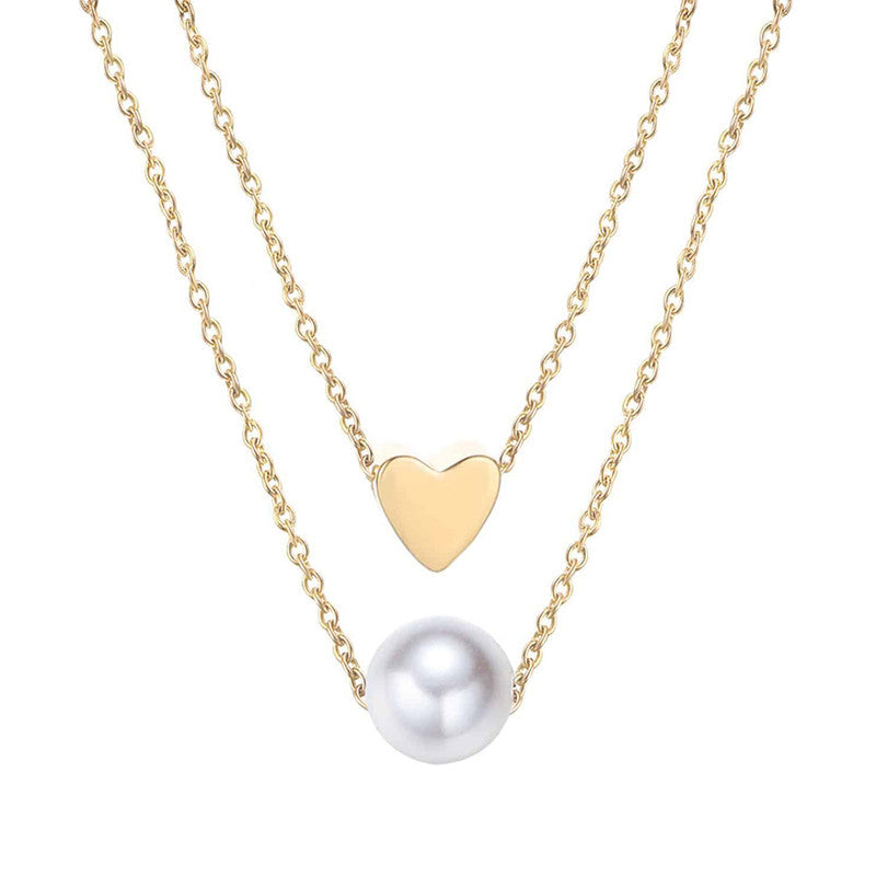 White Gold Plated Gold Toned Pearl with a Heart Layered Necklace For Women