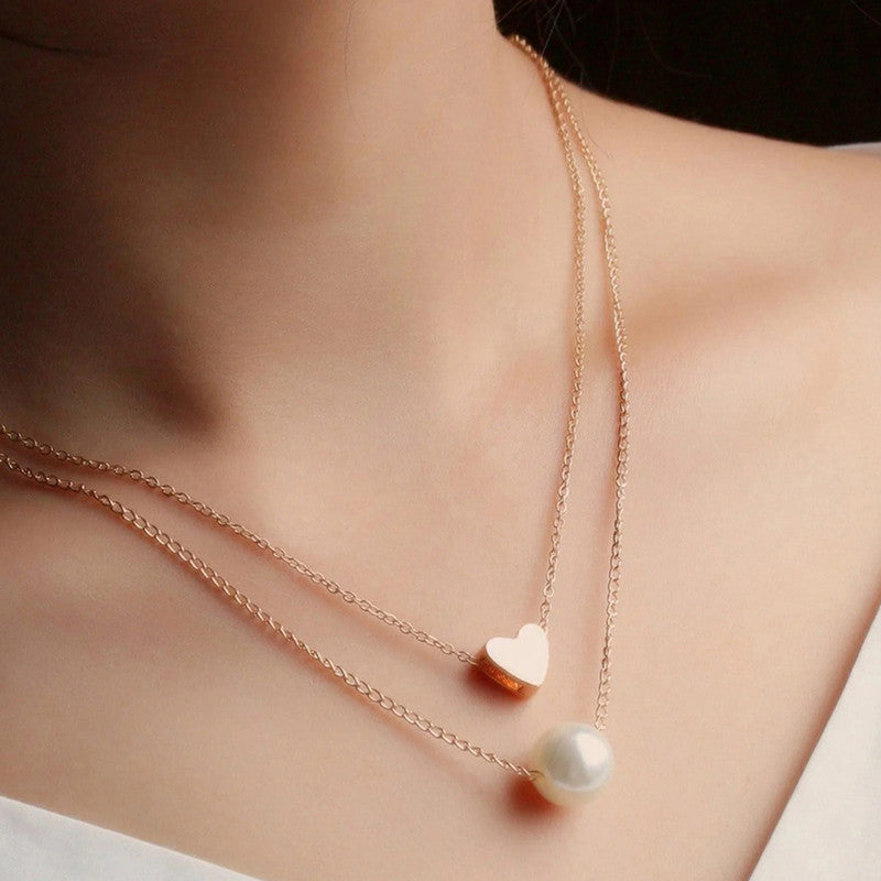 White Gold Plated Gold Toned Pearl with a Heart Layered Necklace For Women