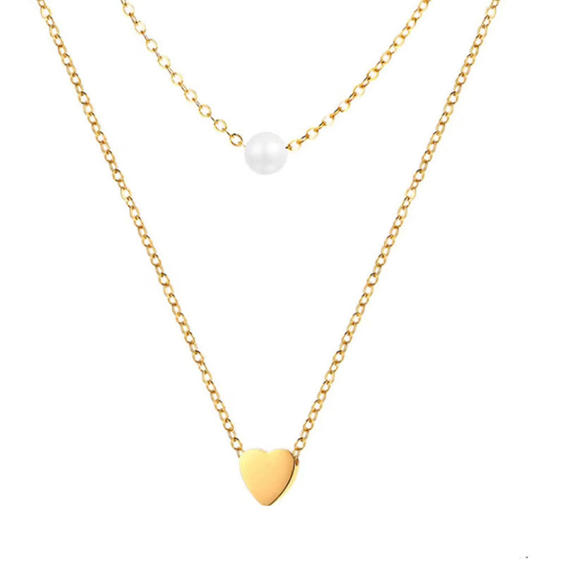 White Gold Plated Gold Toned Pearl with a Heart Layered Necklace For Women