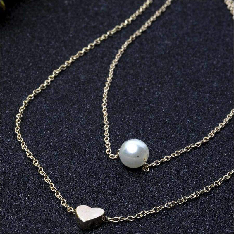 White Gold Plated Gold Toned Pearl with a Heart Layered Necklace For Women