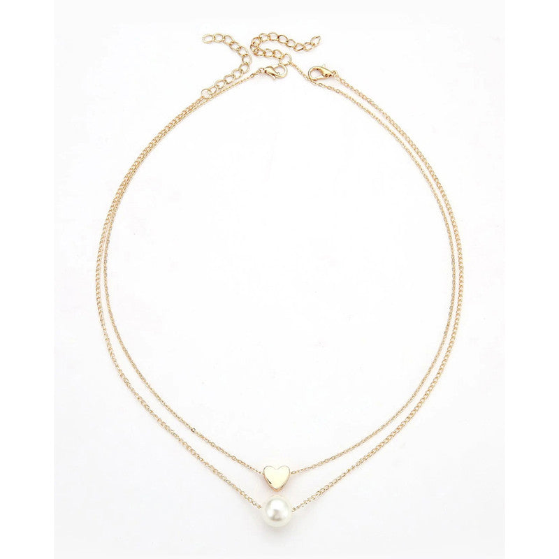 White Gold Plated Gold Toned Pearl with a Heart Layered Necklace For Women