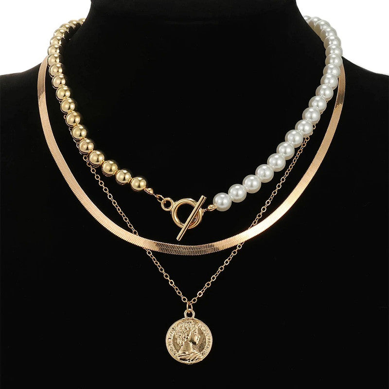 Gold Plated Coin Collection Pearl Studded Layered Necklace For Women