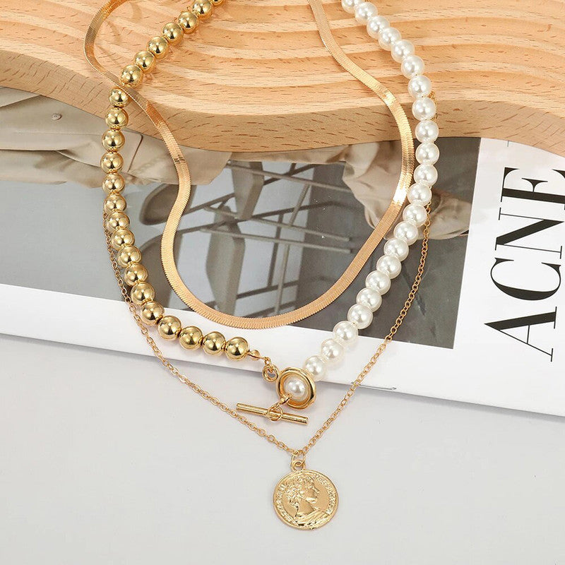 Gold Plated Coin Collection Pearl Studded Layered Necklace For Women