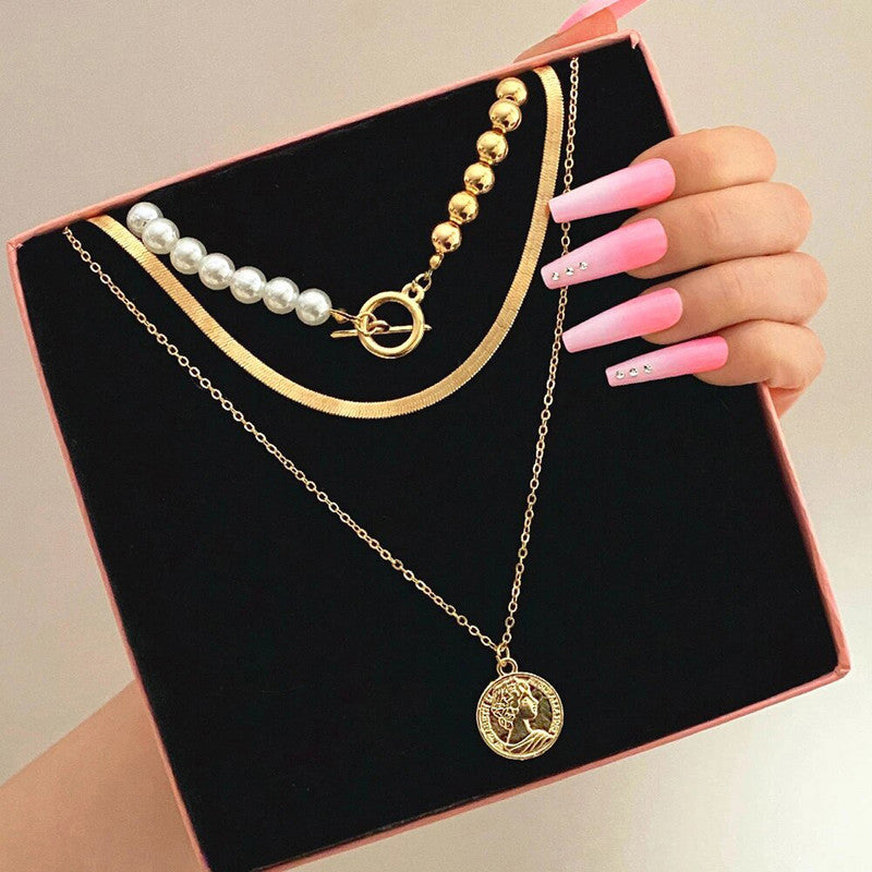 Gold Plated Coin Collection Pearl Studded Layered Necklace For Women