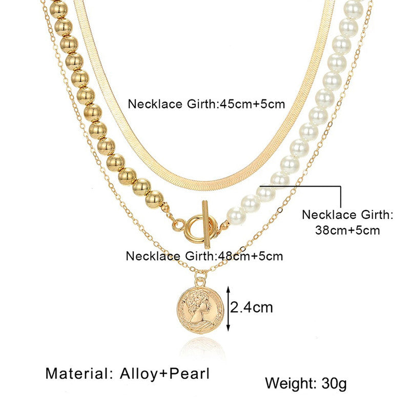 Gold Plated Coin Collection Pearl Studded Layered Necklace For Women