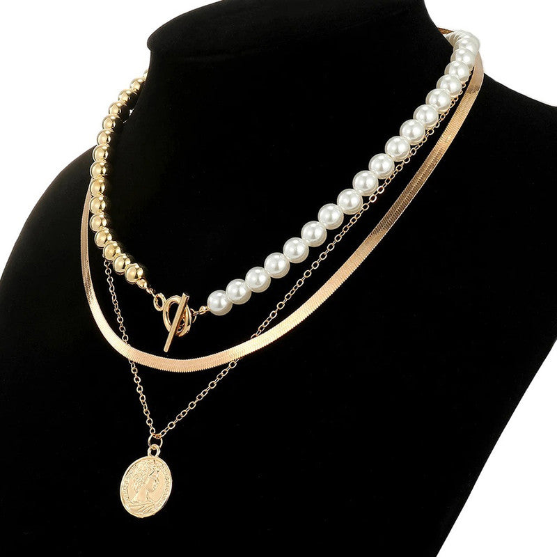 Gold Plated Coin Collection Pearl Studded Layered Necklace For Women