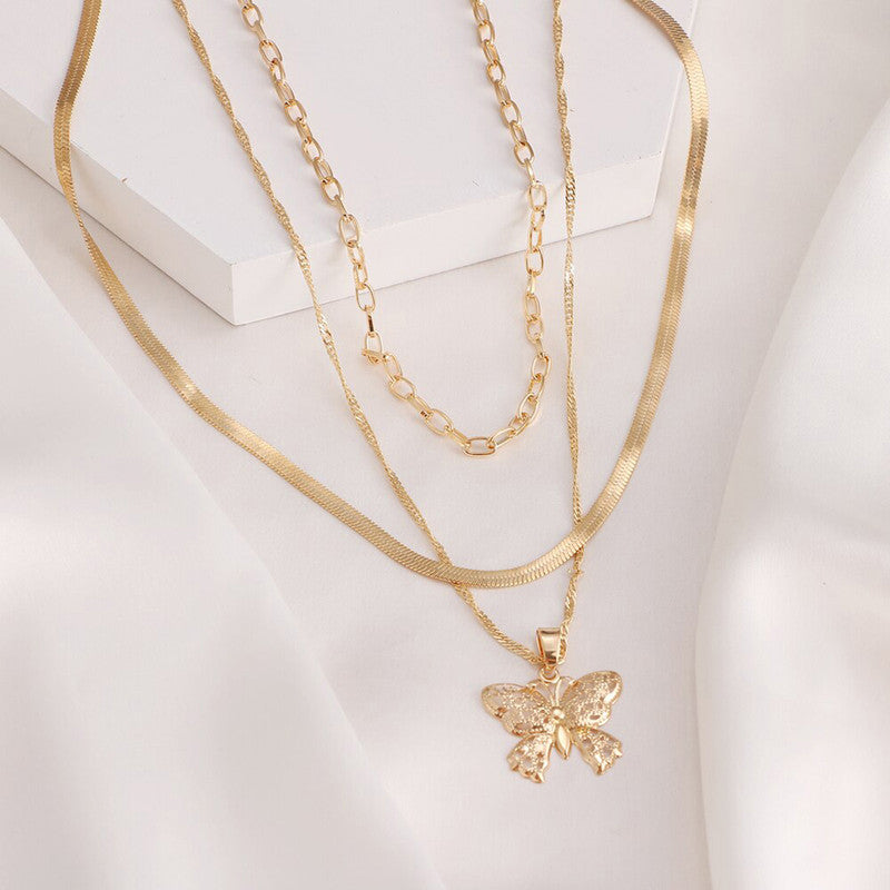 Gold Plated Butterfly inspired Layered Necklace For Women - MySmartBazaar