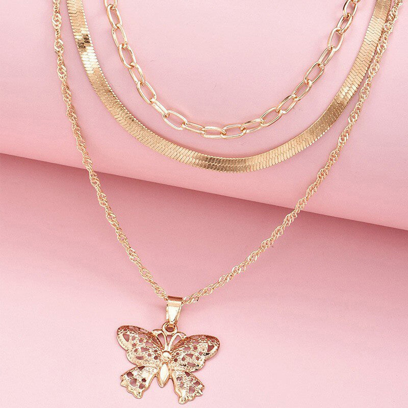 Gold Plated Butterfly inspired Layered Necklace For Women