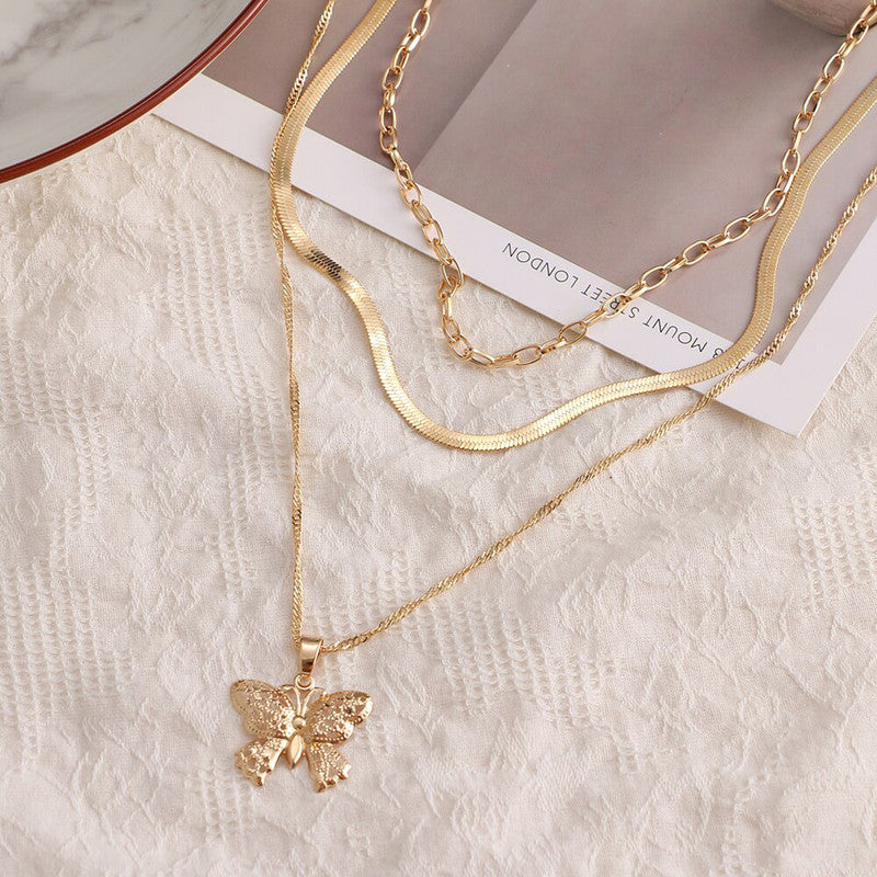 Gold Plated Butterfly inspired Layered Necklace For Women