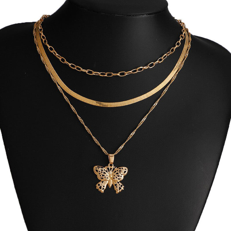 Gold Plated Butterfly inspired Layered Necklace For Women