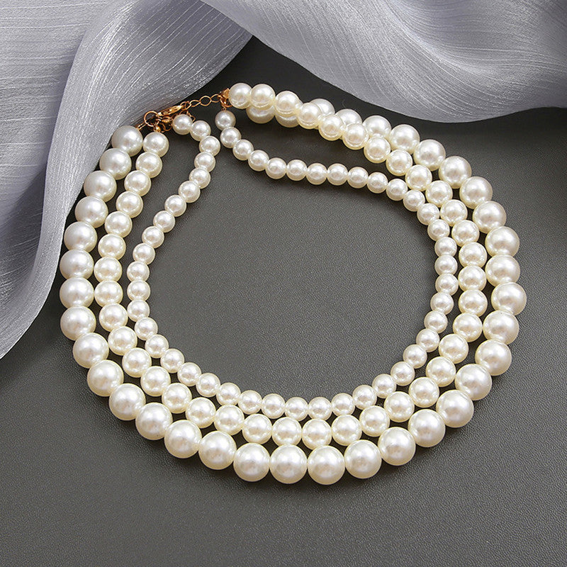 White Gold Plated Pearl Studded Multi-Strand Layered Necklace For Women