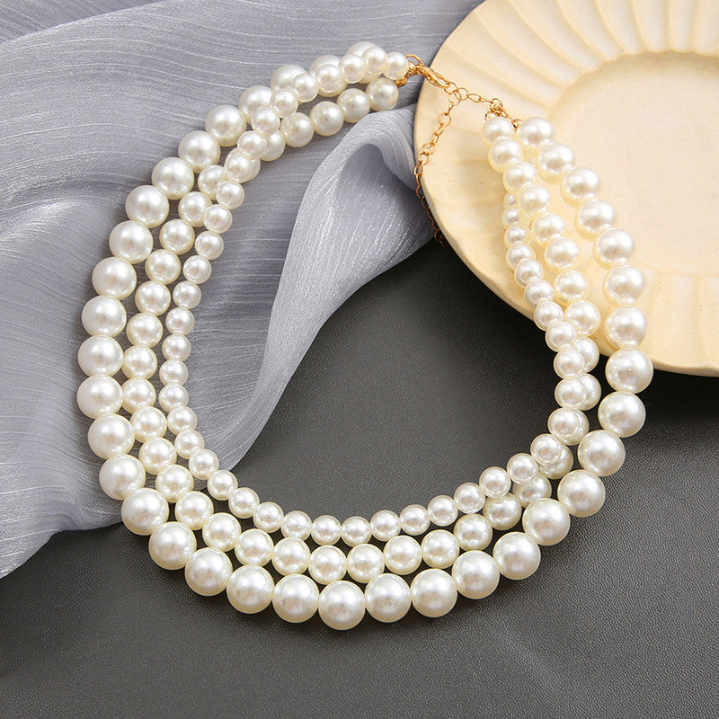 White Gold Plated Pearl Studded Multi-Strand Layered Necklace For Women