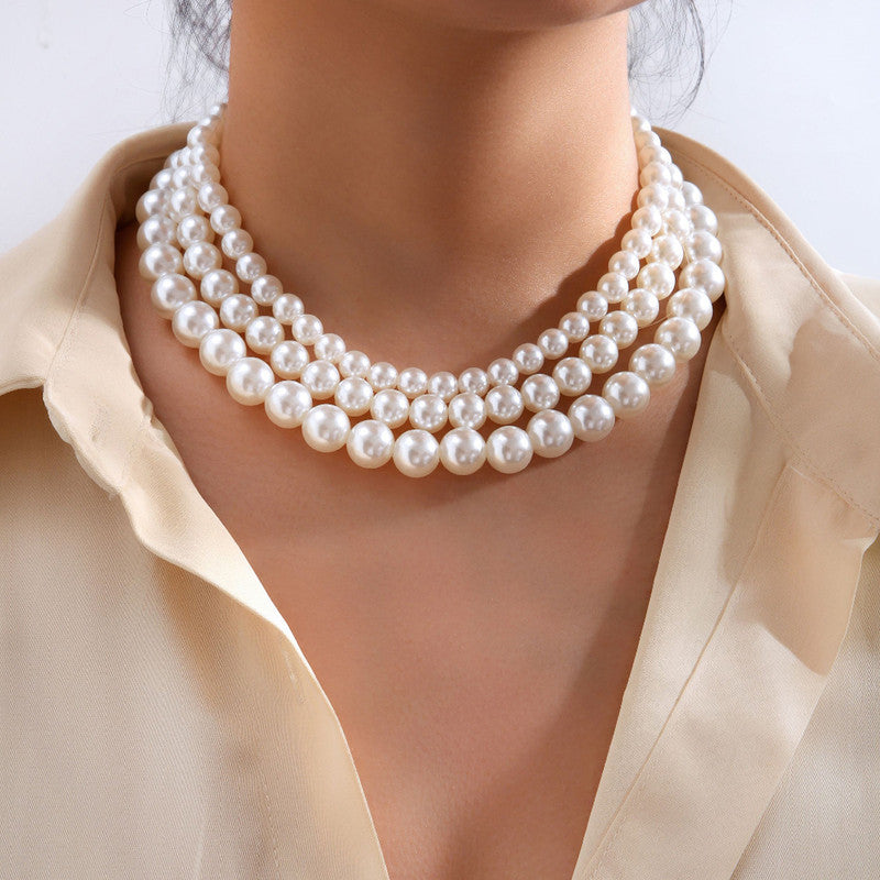 White Gold Plated Pearl Studded Multi-Strand Layered Necklace For Women