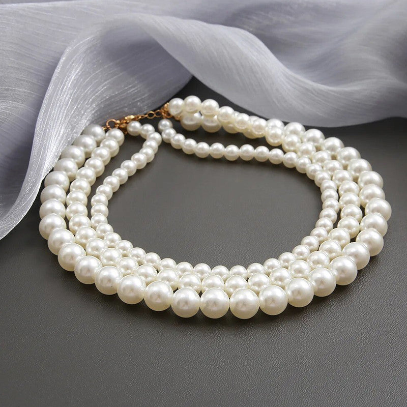 White Gold Plated Pearl Studded Multi-Strand Layered Necklace For Women