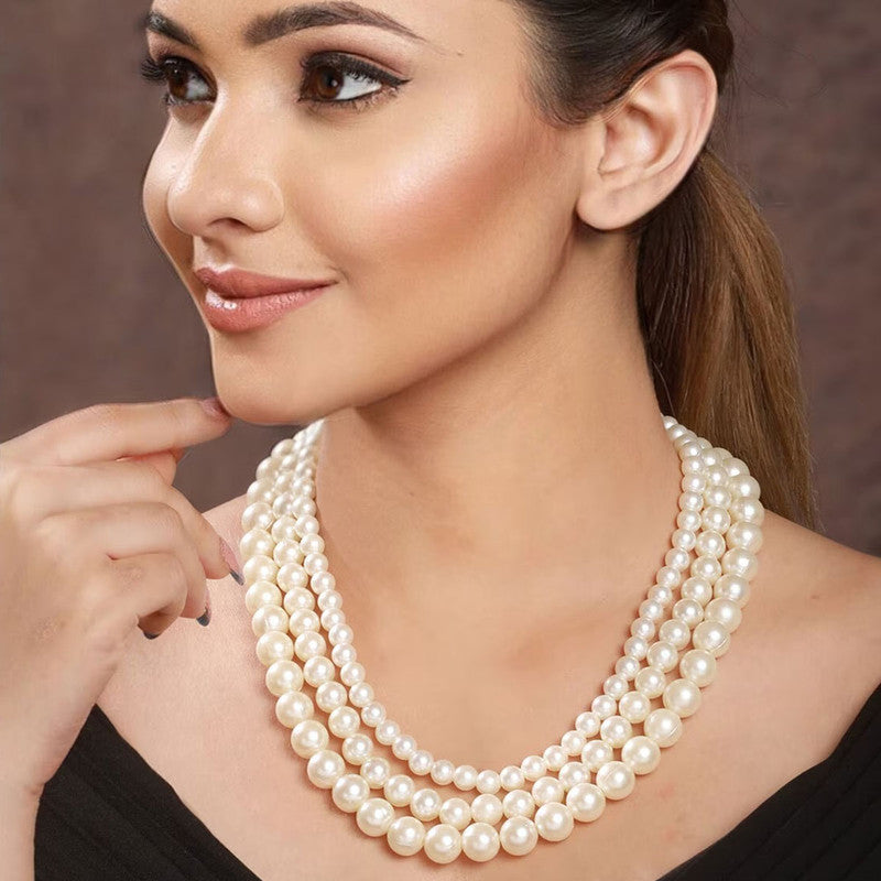 White Gold Plated Pearl Studded Multi-Strand Layered Necklace For Women