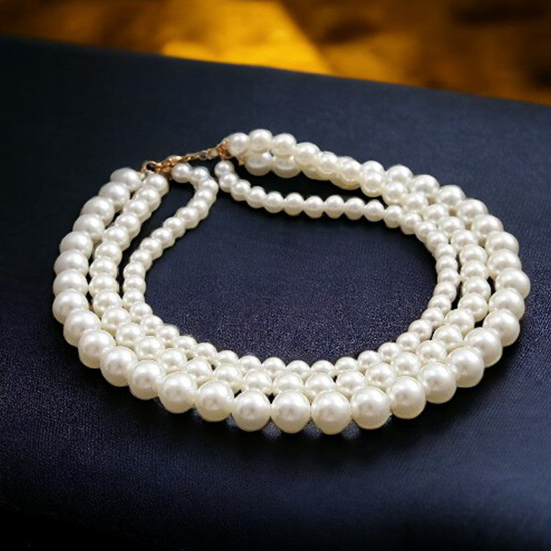 White Gold Plated Pearl Studded Multi-Strand Layered Necklace For Women