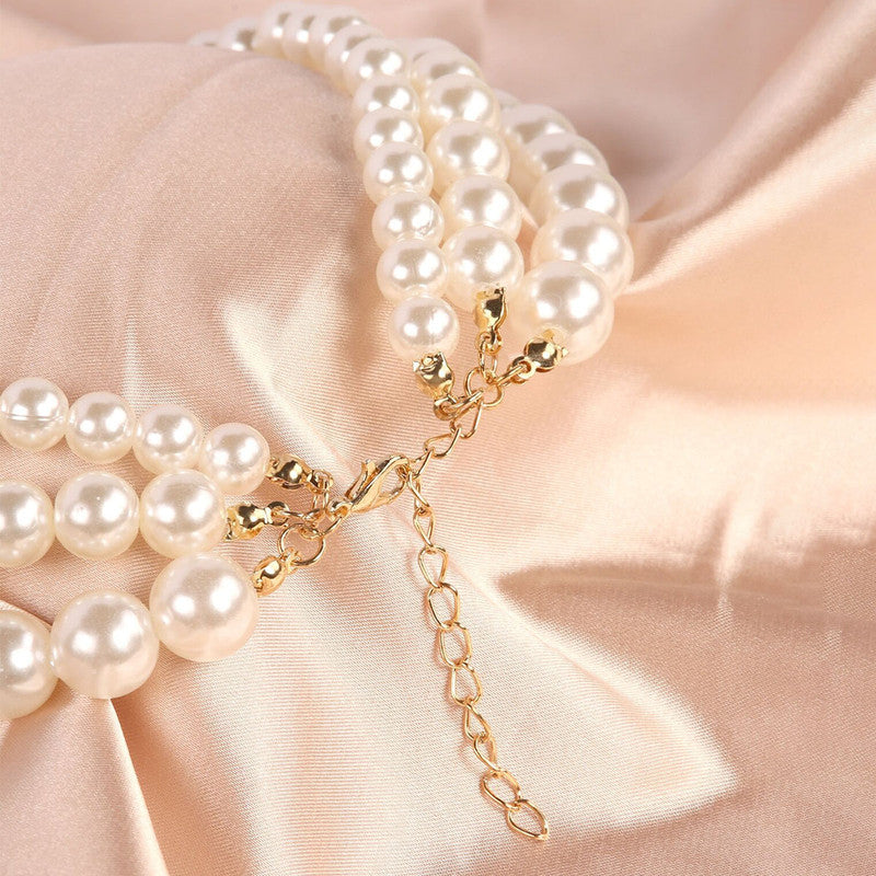 White Gold Plated Pearl Studded Multi-Strand Layered Necklace For Women