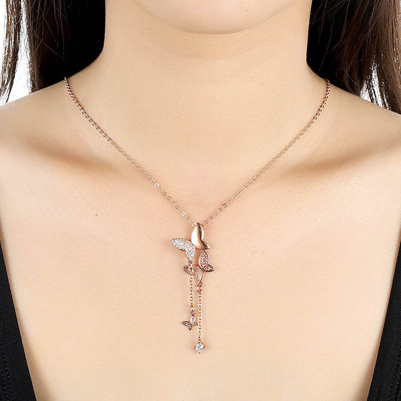 Rose Gold Plated Butterfly Themed AD studded Pendant