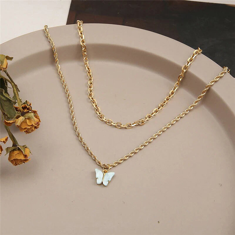 Aqua Butterfly Pendant With Golden Chain For Women