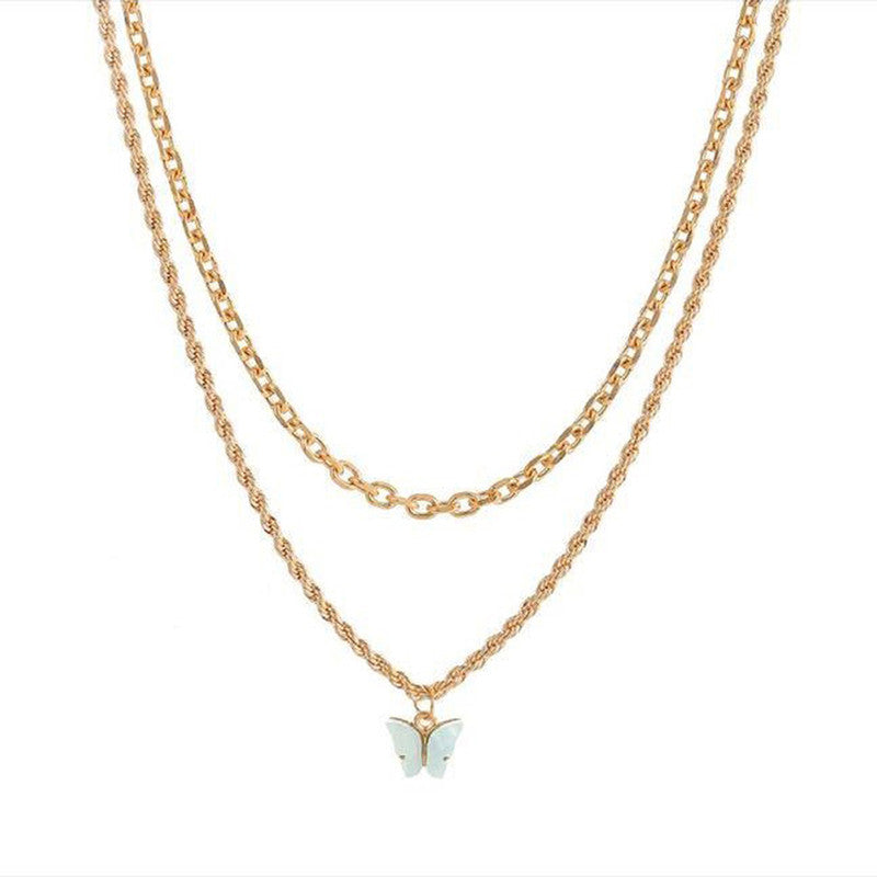 Aqua Butterfly Pendant With Golden Chain For Women