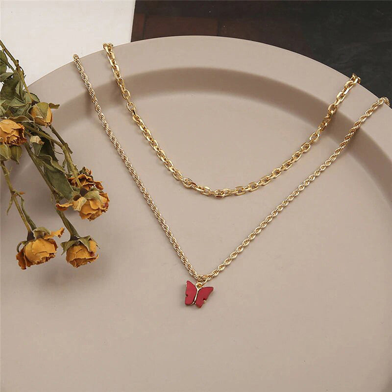 Red Butterfly Pendant With Golden Chain For Women